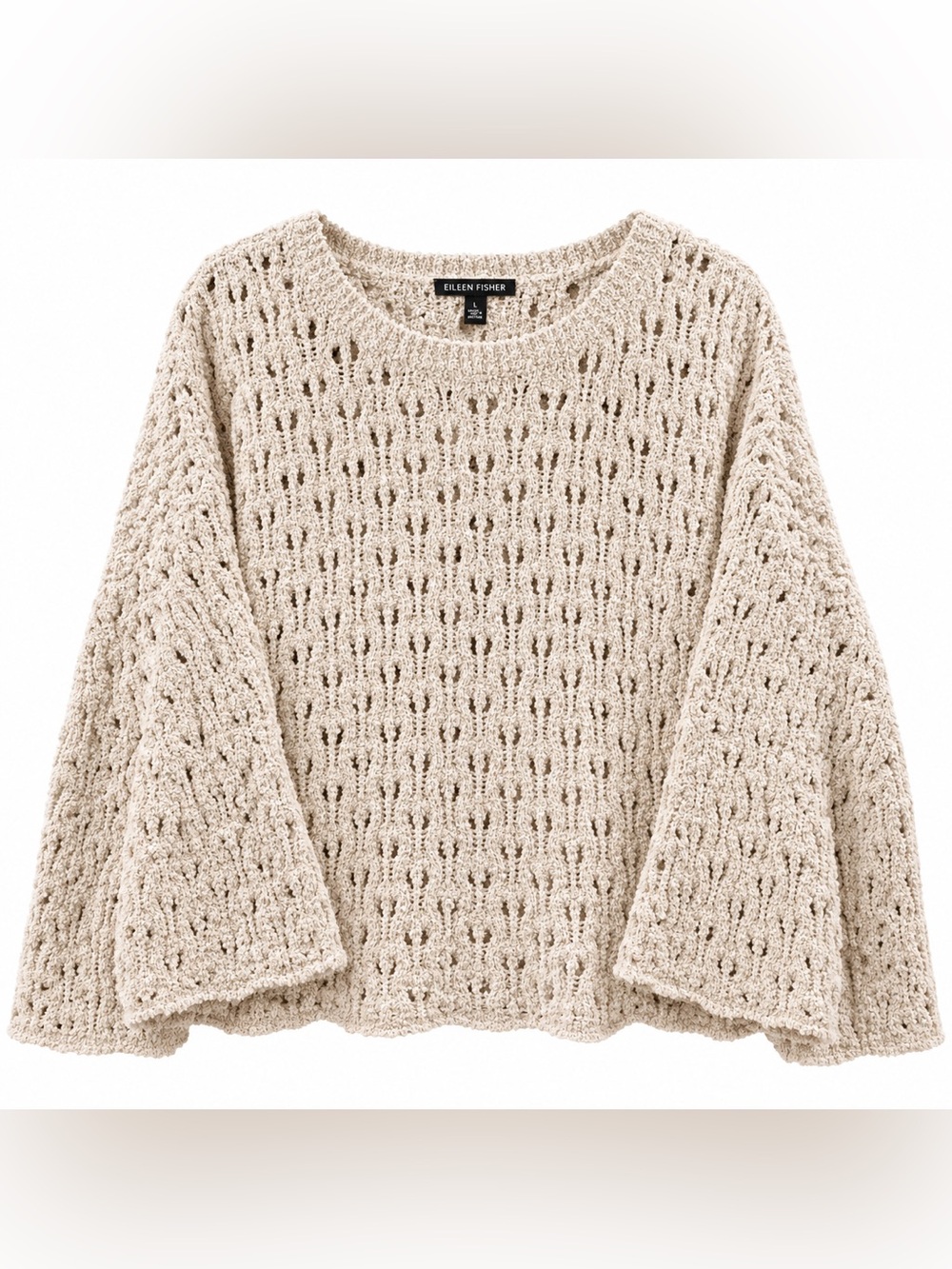 Eileen Fisher Large Ivory Organic Cotton Cashmere Open Knit Textured Sweater